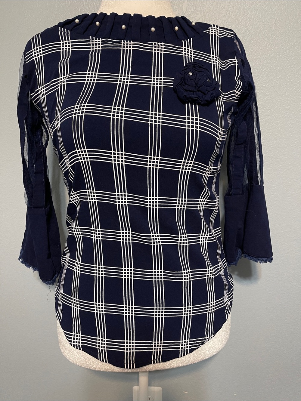 Made in Italy Navy Plaid Blouse Pearl Embellished Sheer Mesh Sleeve Chic Small